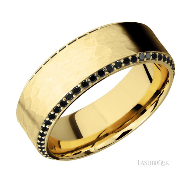 14k Yellow Gold Hammer Texture & Bead Set Black Diamond Eternity Wedding Band by Lashbrook Designs