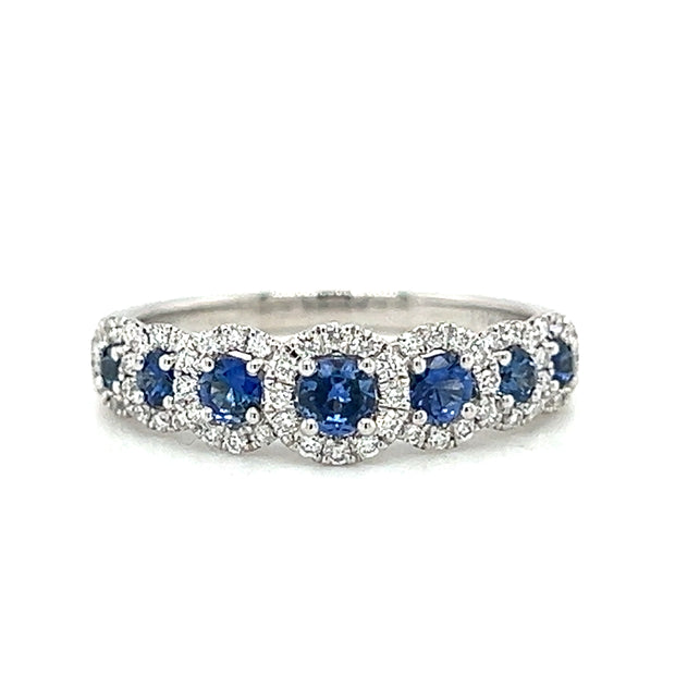 14k White Gold Blue Sapphire & Diamond Halo Ring by Zeghani